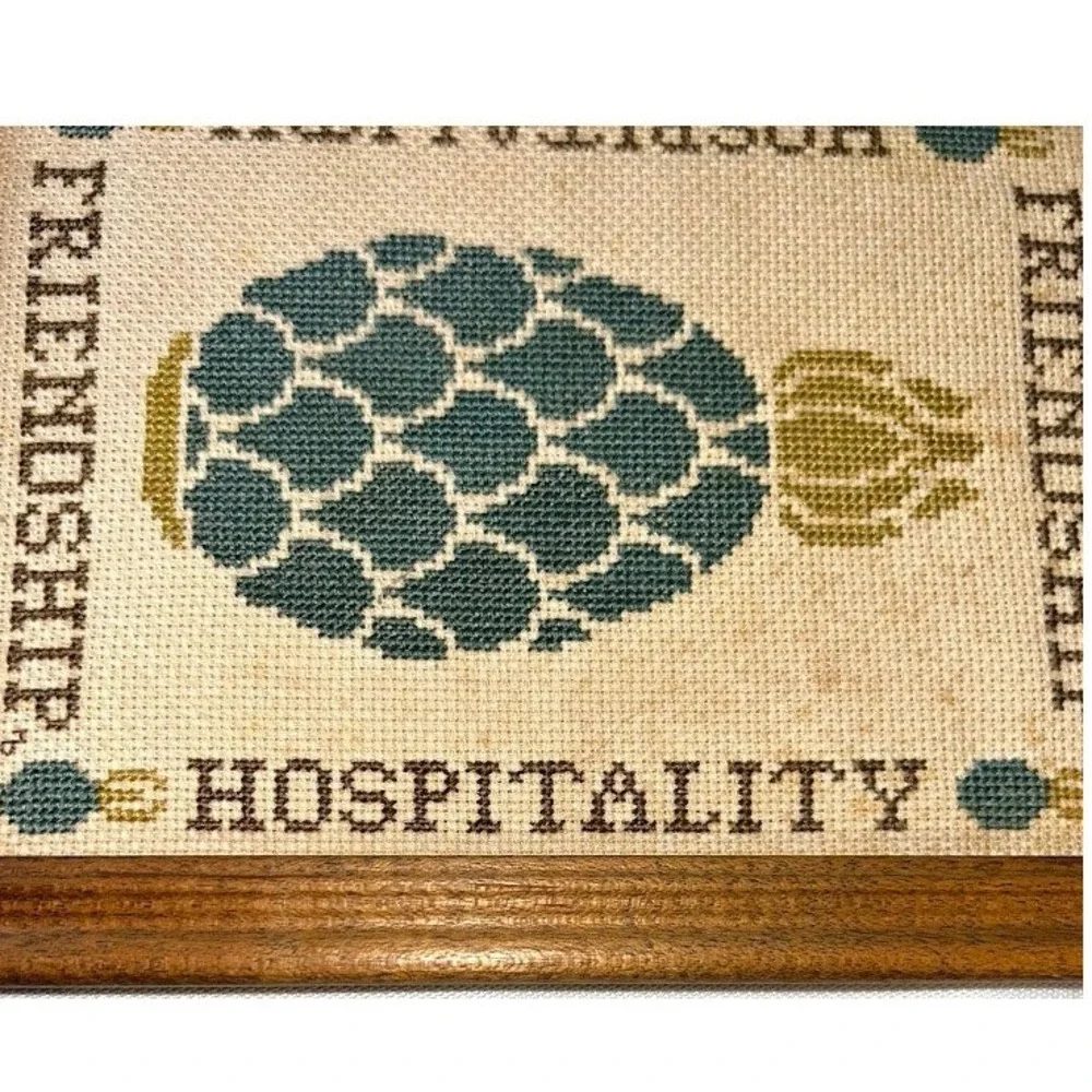Vintage 1983 Pineapple Cross Stitch Framed Art Friendship Hospitality 8.5x6.5